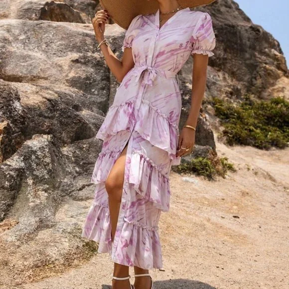 Tie Dye Layered Hem Puff Sleeve Belted Maxi  Dress - Picture 5 of 6